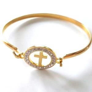 Cuff bracelet stainless steel gold color, middle piece cross / crystals